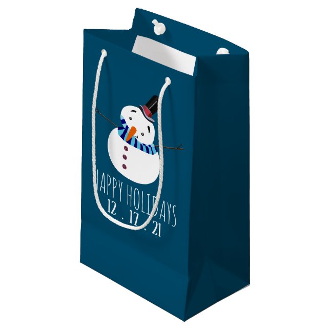 Sacola Para Presentes Pequena Blue Snowman, feriados felizes (Frente inclinada)
