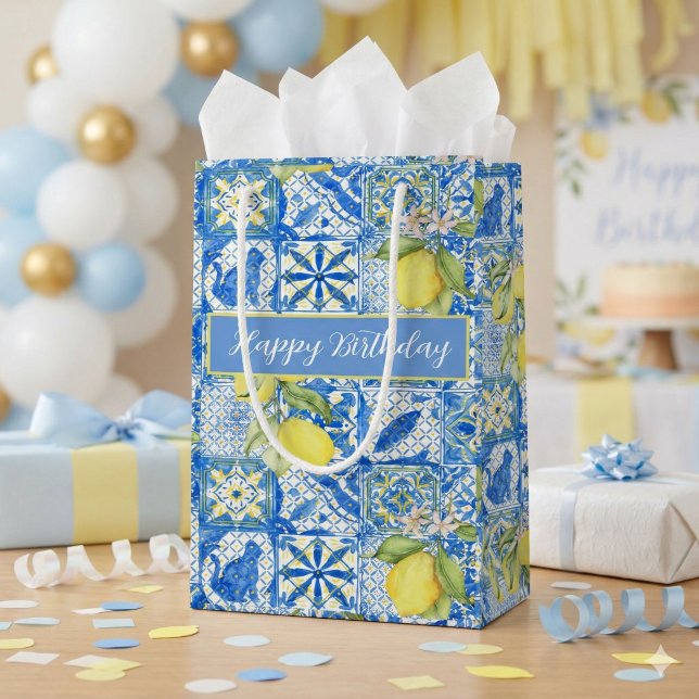Sacola Para Presentes Pequena Blue Tile French Country Lemon Pattern Name (Criador carregado)