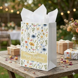 Sacola Para Presentes Pequena Blue Yellow Pink Watercolor Wildflower Name