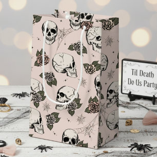 Sacola Para Presentes Pequena Blush Pink Gótico Skulls e Rosas Halloween