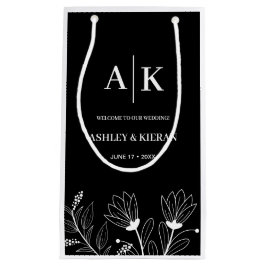 Sacola Para Presentes Pequena Boas-vindas ao Casamento Branco e Preto Floral Ele