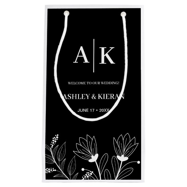 Sacola Para Presentes Pequena Boas-vindas ao Casamento Branco e Preto Floral Ele (Frente)