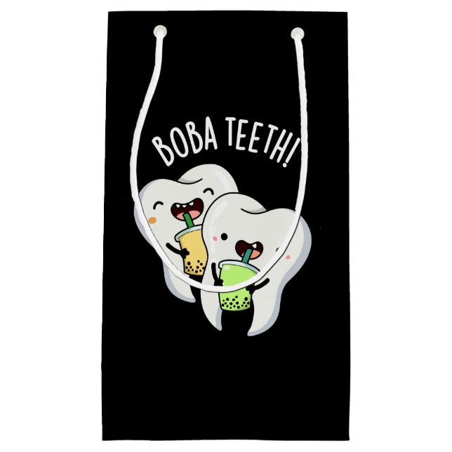 Sacola Para Presentes Pequena Boba Teeth Engraçado Boba Tea Pun Dark BG (Frente)