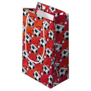 Sacola Para Presentes Pequena Bola de Futebol do Santa Hat em Vermelho