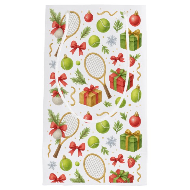 Sacola Para Presentes Pequena Bola de Natal de tênis e presentes de raquete para (Frente)