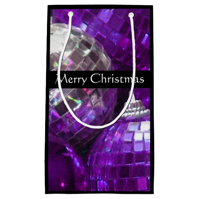 Sacola Para Presentes Pequena Bolhas roxas Feliz Natal preto (Frente)