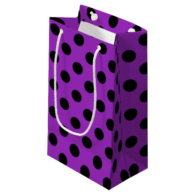 Sacola Para Presentes Pequena Bolinhas pretas em roxo (Frente inclinada)