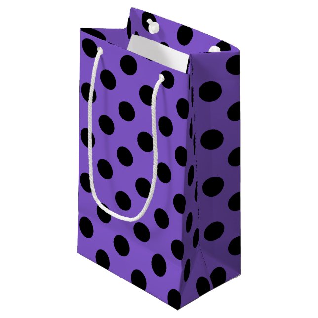 Sacola Para Presentes Pequena Bolinhas pretas na lavanda (Frente inclinada)