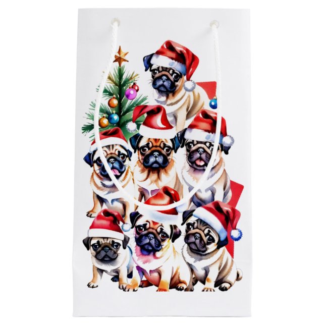 Sacola Para Presentes Pequena Bolsa de Presente da Família Pug (Frente)