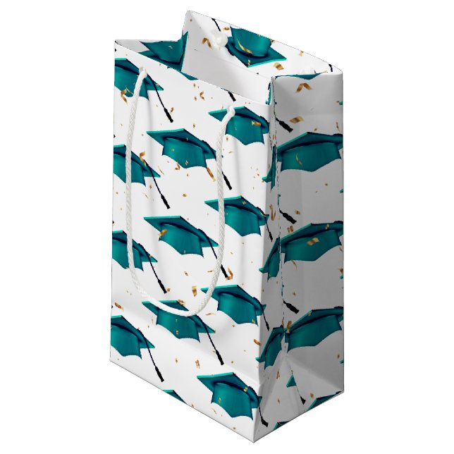 Sacola Para Presentes Pequena Boné de formatura Teal com Confetti (Frente inclinada)