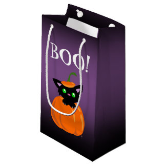Sacola Para Presentes Pequena BOO! Gato Bonito num Saco de Presente de Abóbora