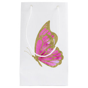 Sacola Para Presentes Pequena Borboleta rosa e Dourada