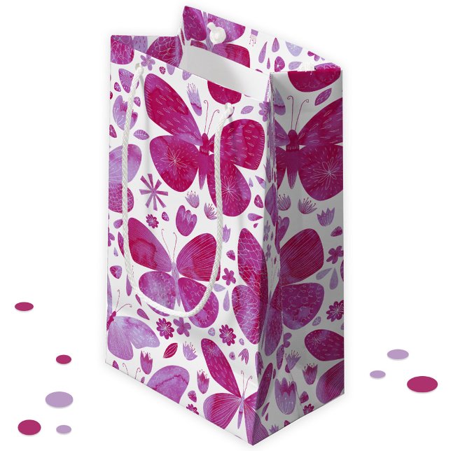 Sacola Para Presentes Pequena Borboletas Aquarela Magenta Rosa (Pink watercolor butterfly pattern gift bag)