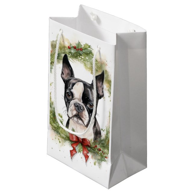 Sacola Para Presentes Pequena Boston Terrier Christmas Wreath Festivo Pup (Frente inclinada)