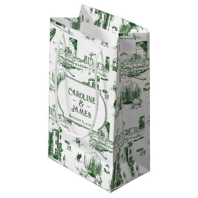 Sacola Para Presentes Pequena Boston Toile Forest Green - Saco de presentes pers (Frente inclinada)