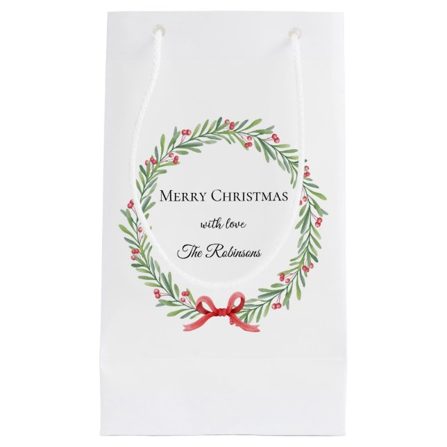 Sacola Para Presentes Pequena Botanical Christmas Wreath Modern Script  (Frente)