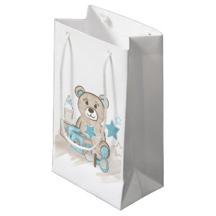 SACOLA PARA PRESENTES PEQUENA BOTÃO BLUE & TAN BABY BOY TEDDY BEAR BLOCTTTTTTLE