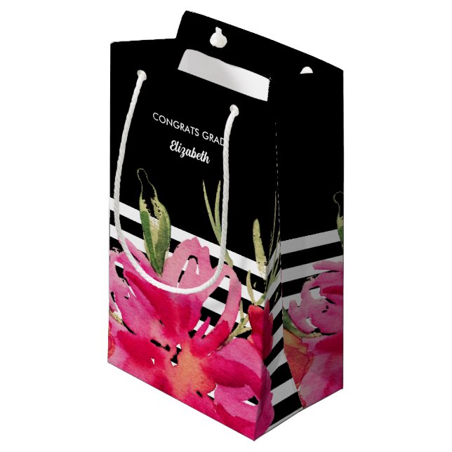 Sacola Para Presentes Pequena Branco | Formatação Floral por Aquarela Fuchsia (Frente inclinada)