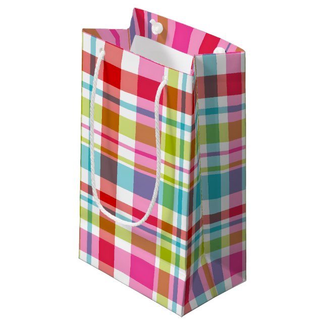 Sacola Para Presentes Pequena Bright Rainbow Plaid Checkered Pattern (Frente inclinada)