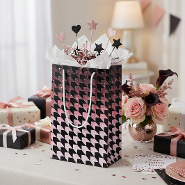 Sacola Para Presentes Pequena Brilho em rosa ouro e padrão xadrez preto