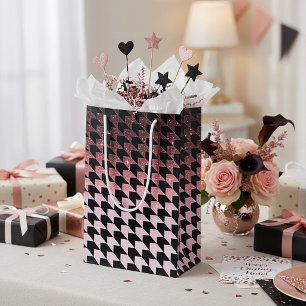 Sacola Para Presentes Pequena Brilho em rosa ouro e padrão xadrez preto