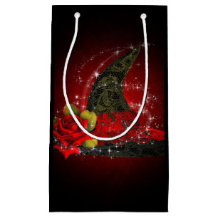 Sacola Para Presentes Pequena Bruxa Glamourosa Chapéu de Renda Preto e Vermelho