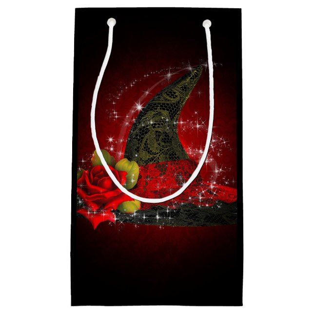 Sacola Para Presentes Pequena Bruxa Glamourosa Chapéu de Renda Preto e Vermelho  (Frente)