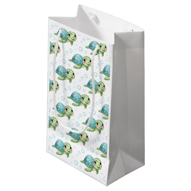 Sacola Para Presentes Pequena Bubbles & Fins Children's Birthday Turtle (Frente inclinada)