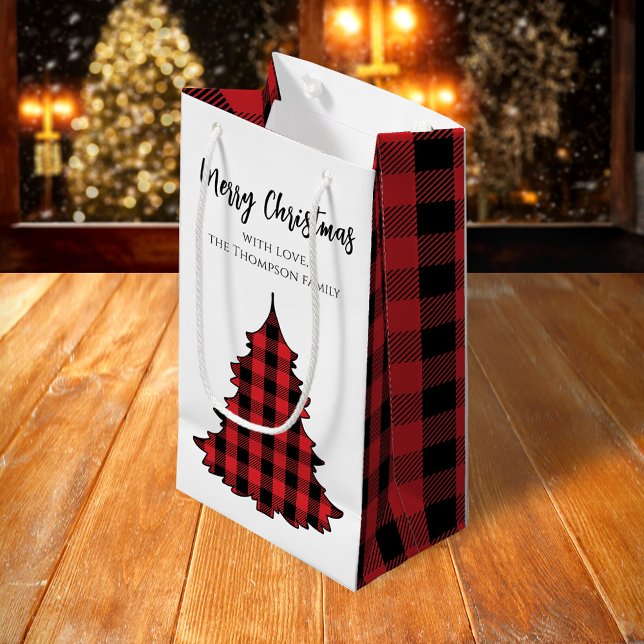 Sacola Para Presentes Pequena Buffalo Cheque Feliz Natal Personalizado (Merry Christmas holiday Buffalo Plaid Christmas Tree gift bag.)