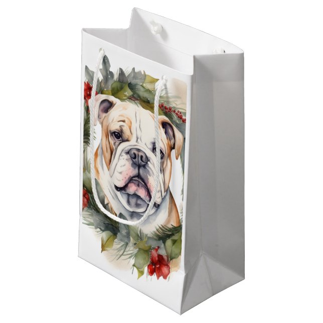 Sacola Para Presentes Pequena Buldogue Wreath Festivo Wreath (Frente inclinada)