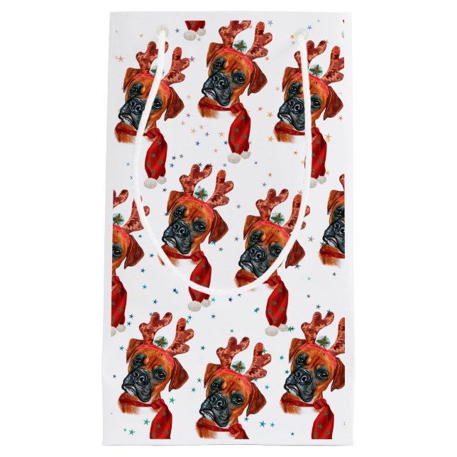 Sacola Para Presentes Pequena Cachorro Bonito com Renas de Natal (Frente)