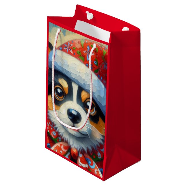 Sacola Para Presentes Pequena Cachorro de Natal Cachorro Puppy com Santa Hat (Frente inclinada)