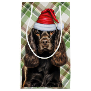 Sacola Para Presentes Pequena Cachorro de Natal Cocker Spaniel Chocolate Xadrez