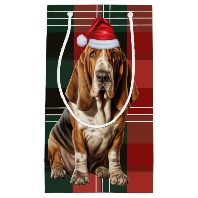 Sacola Para Presentes Pequena Cachorro e Natal de Holiday Basset (Frente)