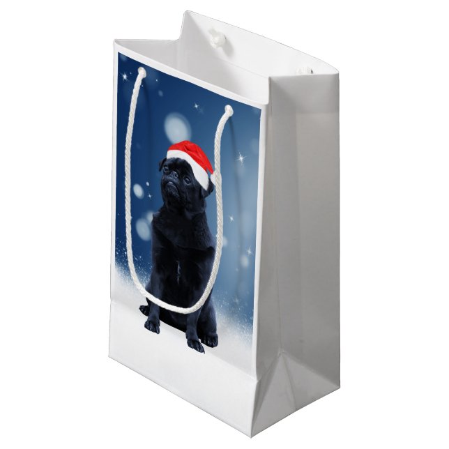 Sacola Para Presentes Pequena Cachorro Negro Cachorro Cachorro Natal Neve Stars (Frente inclinada)