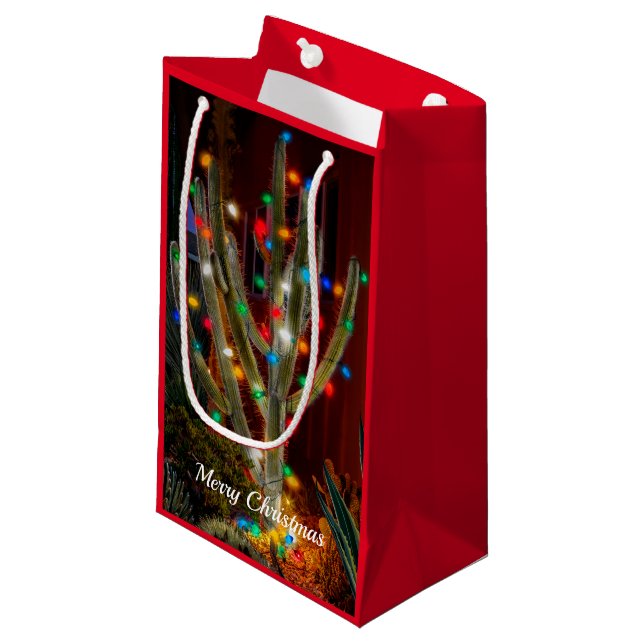 Sacola Para Presentes Pequena Cactus de Natal com Luzes Brilhantes Vermelhas e S (Frente inclinada)