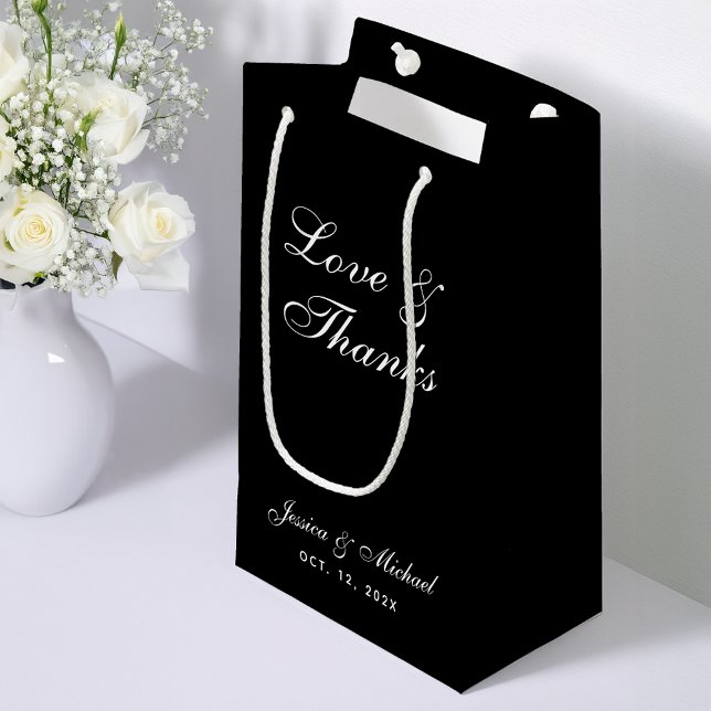 Sacola Para Presentes Pequena Caligrafia Simples de Amor Negro e Obrigados (Criador carregado)