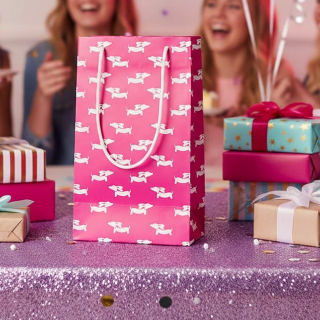 Sacola Para Presentes Pequena Canino rosa Dog Gift Bag Dachshund Divertido (Pink dachshund party gift bag)