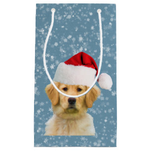 Sacola Para Presentes Pequena Cão do golden retriever no chapéu do papai noel