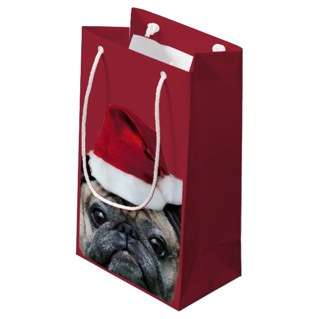 Sacola Para Presentes Pequena Cão do pug do Natal (Verso inclinado)