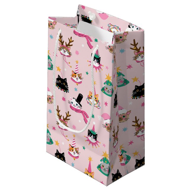 Sacola Para Presentes Pequena Caras de Gato Festivo no Padrão de Chapéus de Féri (Frente inclinada)