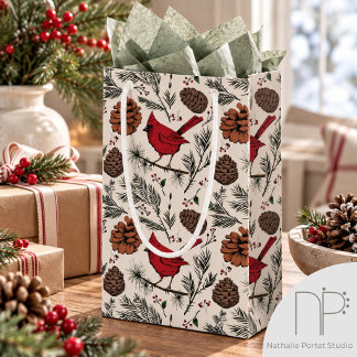 Sacola Para Presentes Pequena Cardinal Vermelho de Inverno & Pinheiro Branco