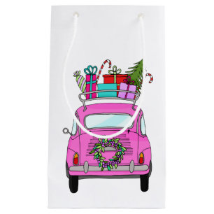 Sacola Para Presentes Pequena Carro cor-de-rosa com presentes de Natal