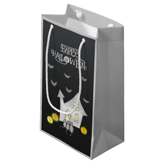 Sacola Para Presentes Pequena Casa De Halloween, Gatos Pretos, Morcegos (Frente inclinada)