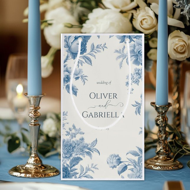 Sacola Para Presentes Pequena Casamento Floral Azul-Azul, Toile Francesa Elegant (Criador carregado)
