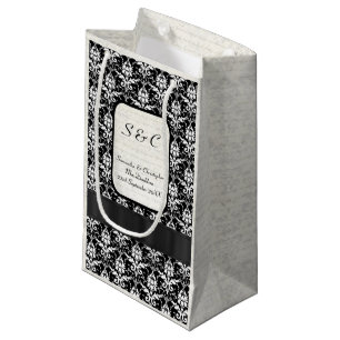 Sacola Para Presentes Pequena Casamento personalizado de Black and White Damask