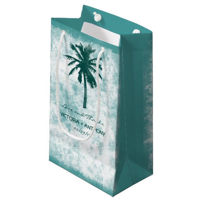 Sacola Para Presentes Pequena Casamento Tropical Palm Tree Beach Obrigado (Frente inclinada)