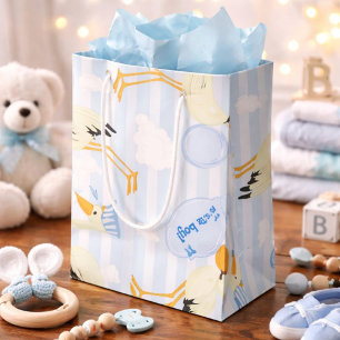 Sacola Para Presentes Pequena Cegonha-do-bebê azul e branco