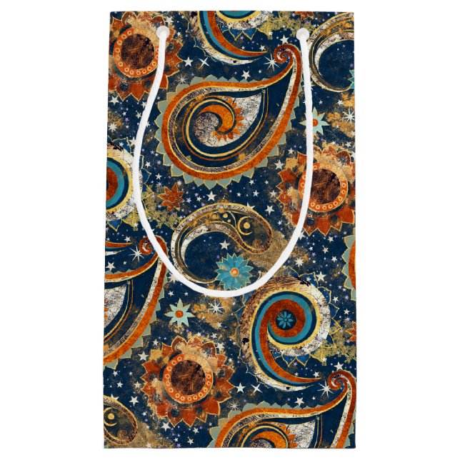 Sacola Para Presentes Pequena Celestial Paisley Patterno Azul, Laranja, Dourado (Frente)