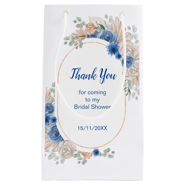 Sacola Para Presentes Pequena Chá de Bebê Boho Blue com Grama de Pampas (Frente)